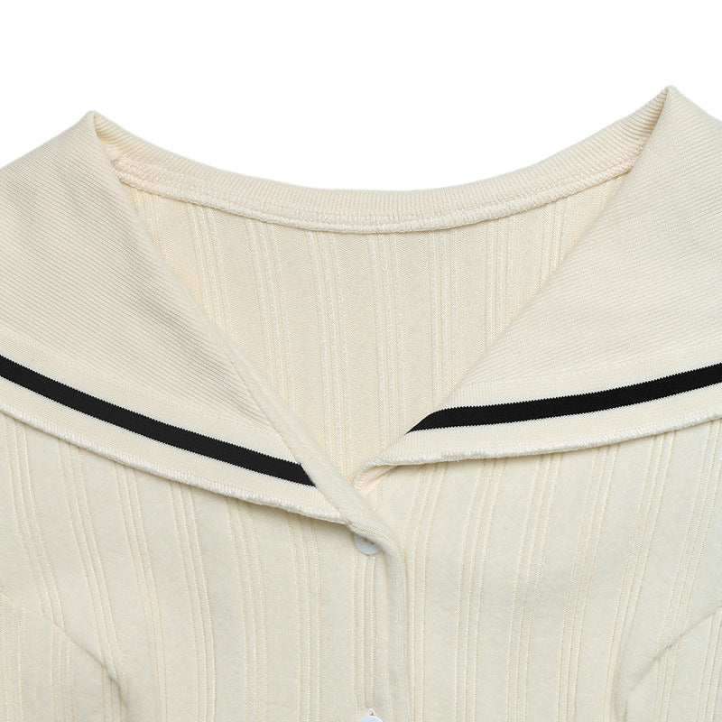Solid Contrast Trim Sailor Collar Button Midi Dress