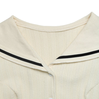Solid Contrast Trim Sailor Collar Button Midi Dress