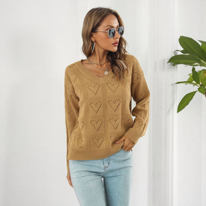 Women's Oversized V-Neck Heart Cutout Knit Sweater