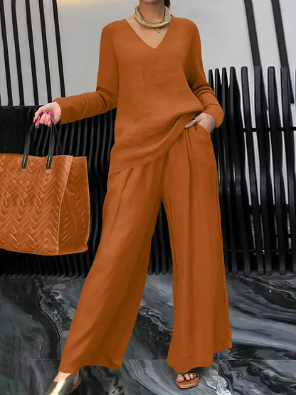 Women's Casual V Neck Wide Leg Pants Matching Set Plus Size