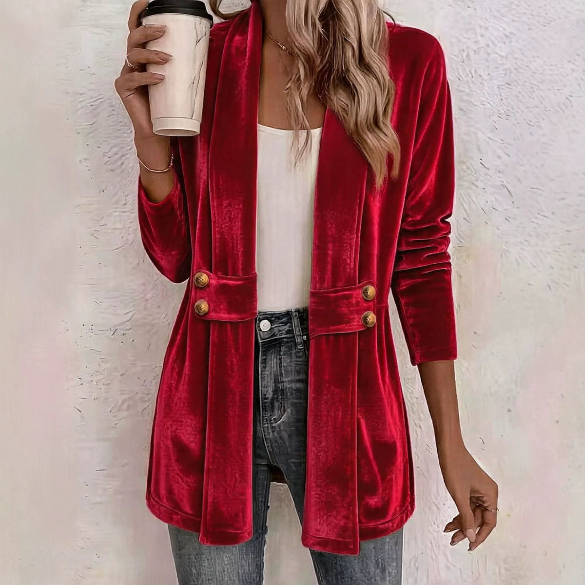 Women's Velvet Shawl Collar Long Sleeve Open Front Cardigan