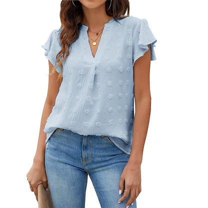 Women's V-Neck Pleated Sleeve Top with Pom Poms - Perfect for Summer