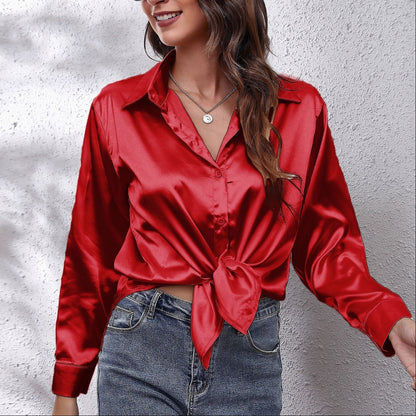 Women's Satin Long Sleeve Button Down Collared Blouse