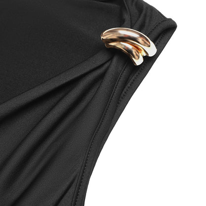 Metal Strap Cowl Neck Bodysuit Sexy Sleeveless Bodycon Top