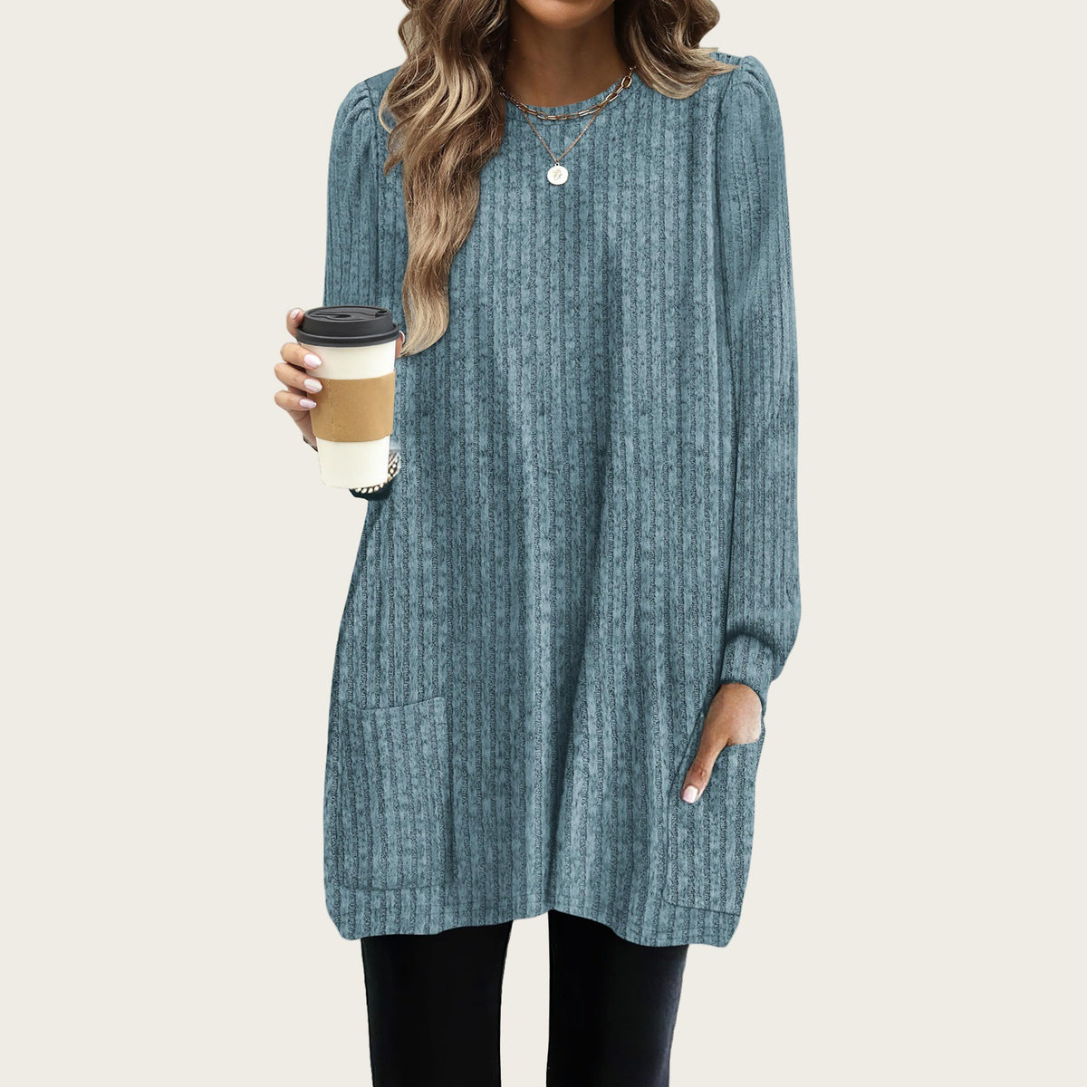 Women's Oversized Long Bubble Sleeve Tunic Top with Pockets