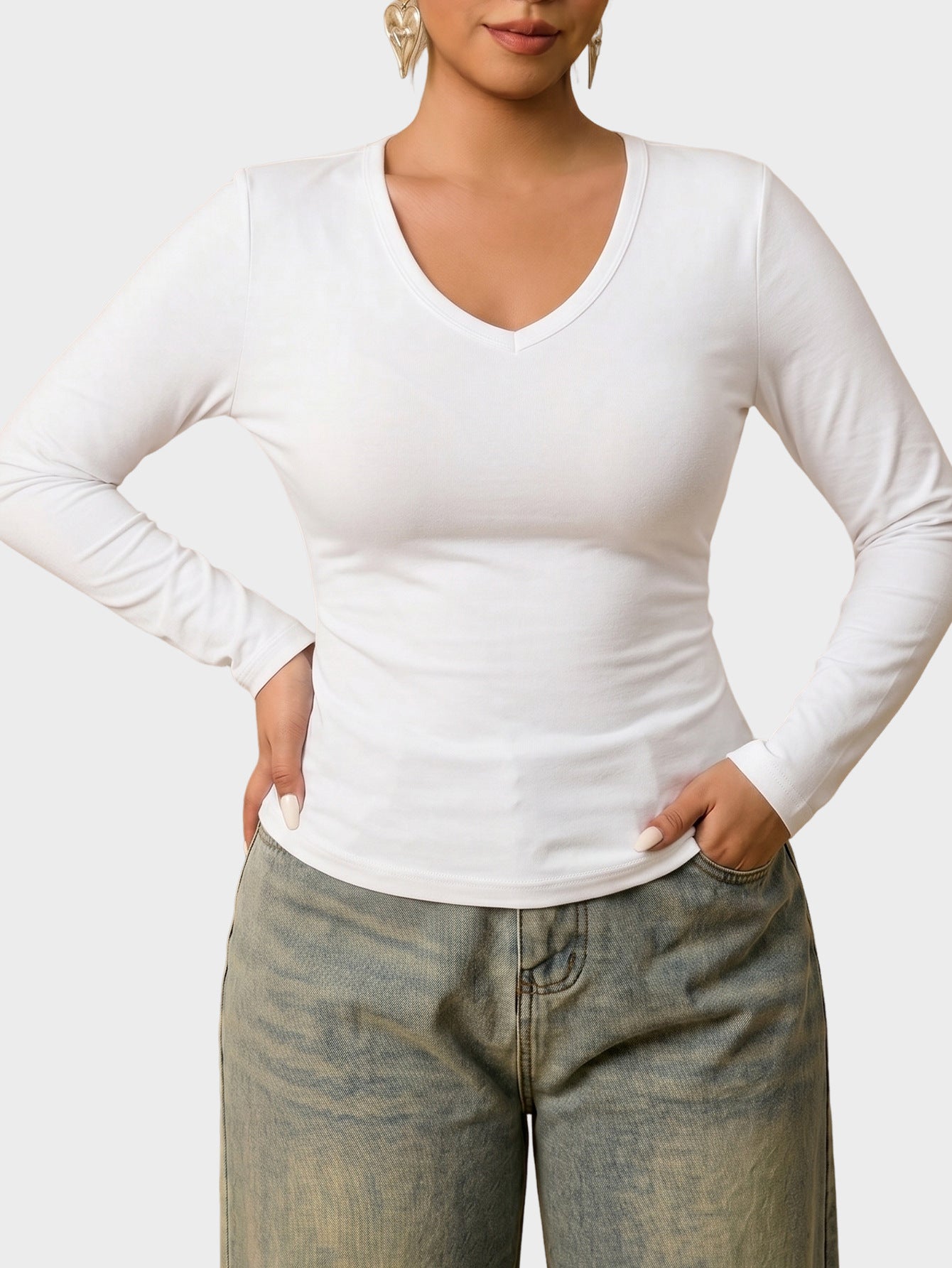 Plus Size V Neck Long Sleeve Fitted T Shirt