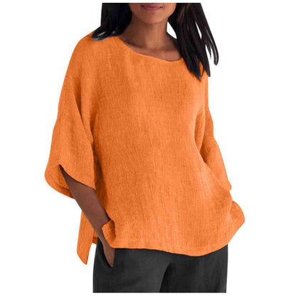 Women's Linen Top Oversized 3/4 Sleeve Round Neck 25 Colors