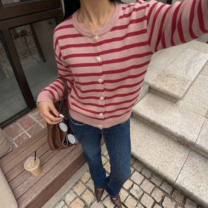 Striped Knit Cardigan Button Front Christmas Sweater