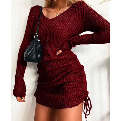 V Neck Ribbed Ruched Long Sleeve Bodycon Mini Sweater Dress