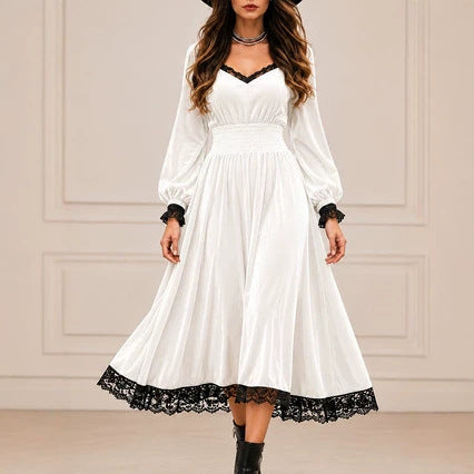Women's Velvet Lace Trim V-Neck Long Sleeve Midi Dress