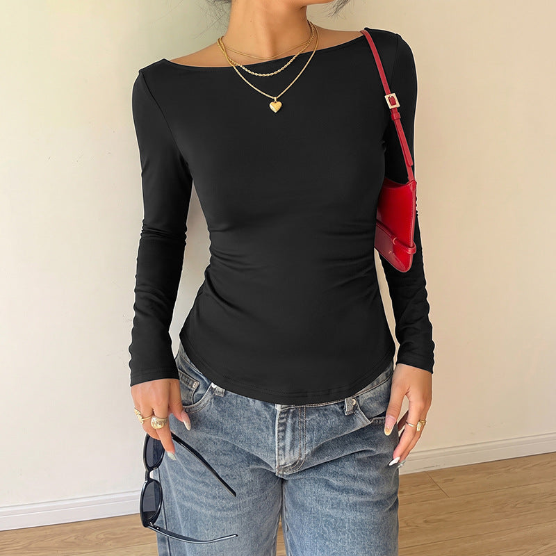 Lace Back Bow Top Boat Neck Long Sleeve Slim Fit
