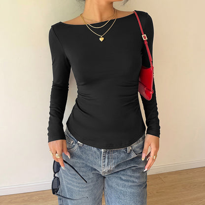 Lace Back Bow Top Boat Neck Long Sleeve Slim Fit
