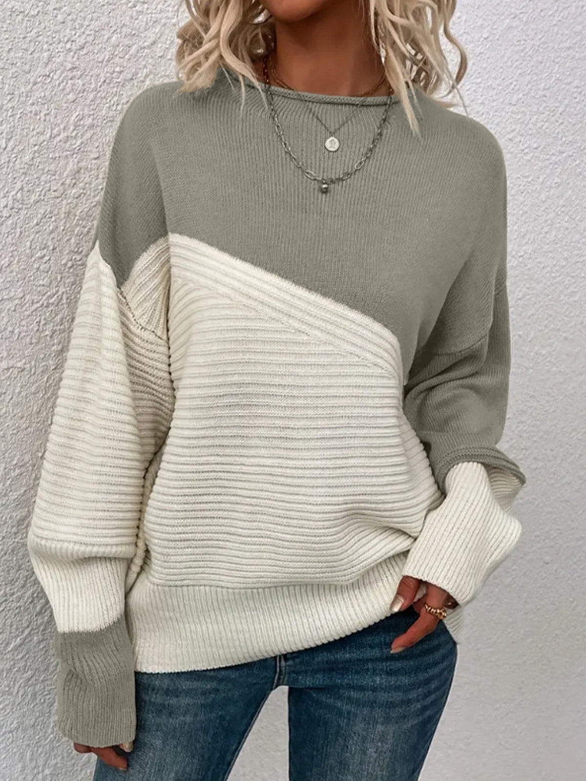 Color Block Crew Neck Long Sleeve Sweater