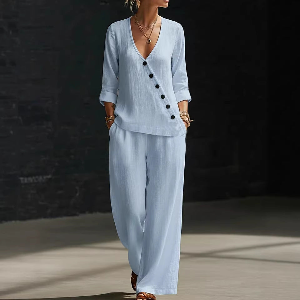 Women Cotton Linen 2 Piece Set V Neck Wide Leg Pants