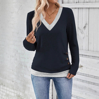 Women's Color Block V-Neck Long Sleeve Top Side Buttons