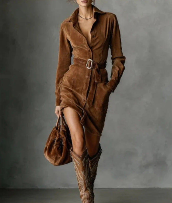 Faux Suede Western Belted Mini Shirt Dress