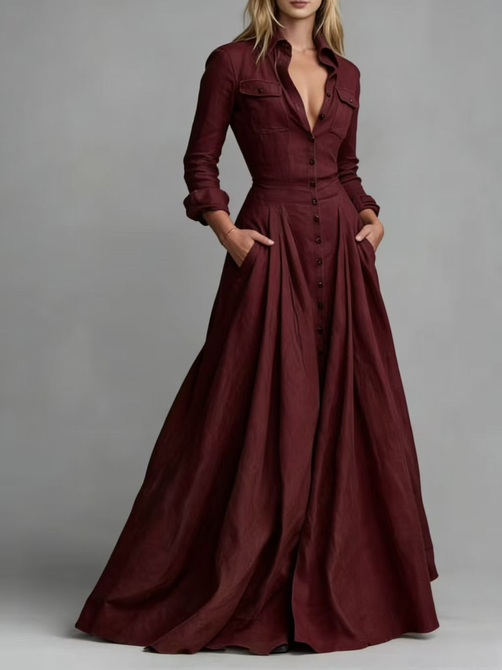 Women's Long Sleeve Collared Maxi Dress A-Line with Pockets
