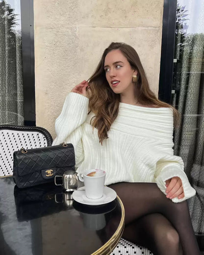 Womens Off Shoulder Bell Sleeve Sweater Oversized Knit Top