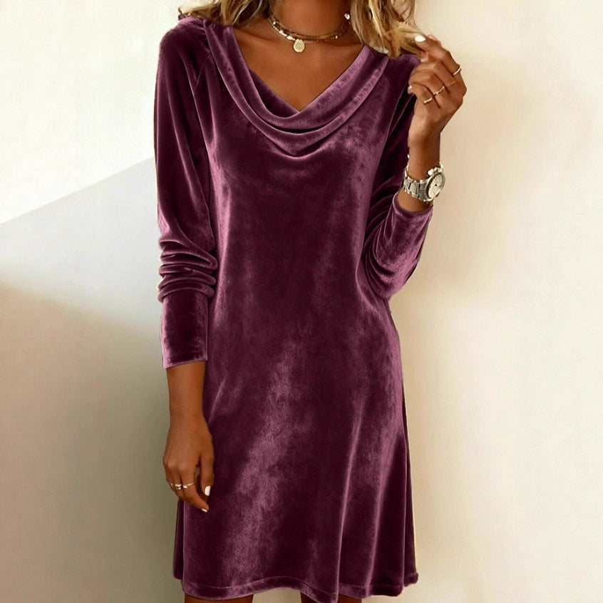 Women's Velvet Cowl Neck Long Sleeve Midi Dress