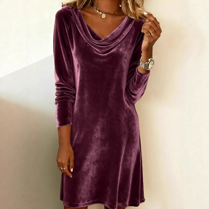 Women's Velvet Cowl Neck Long Sleeve Midi Dress