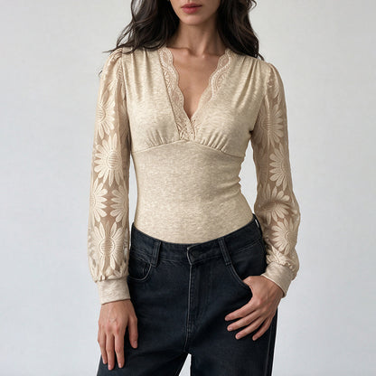 Womens Lace V Neck Bodysuit Long Sleeve Soft Knit Top