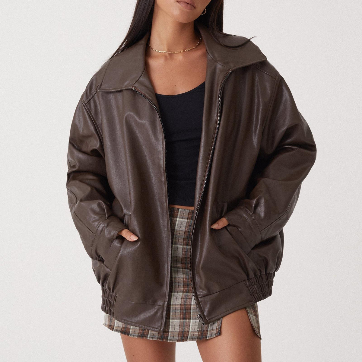 Women's Oversized Faux Leather Moto Jacket Zip Up