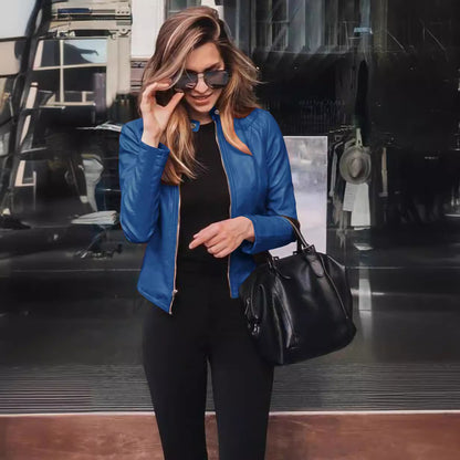 Women's Faux Leather Blazer Jacket Zip Front Slim Fit S-5XL