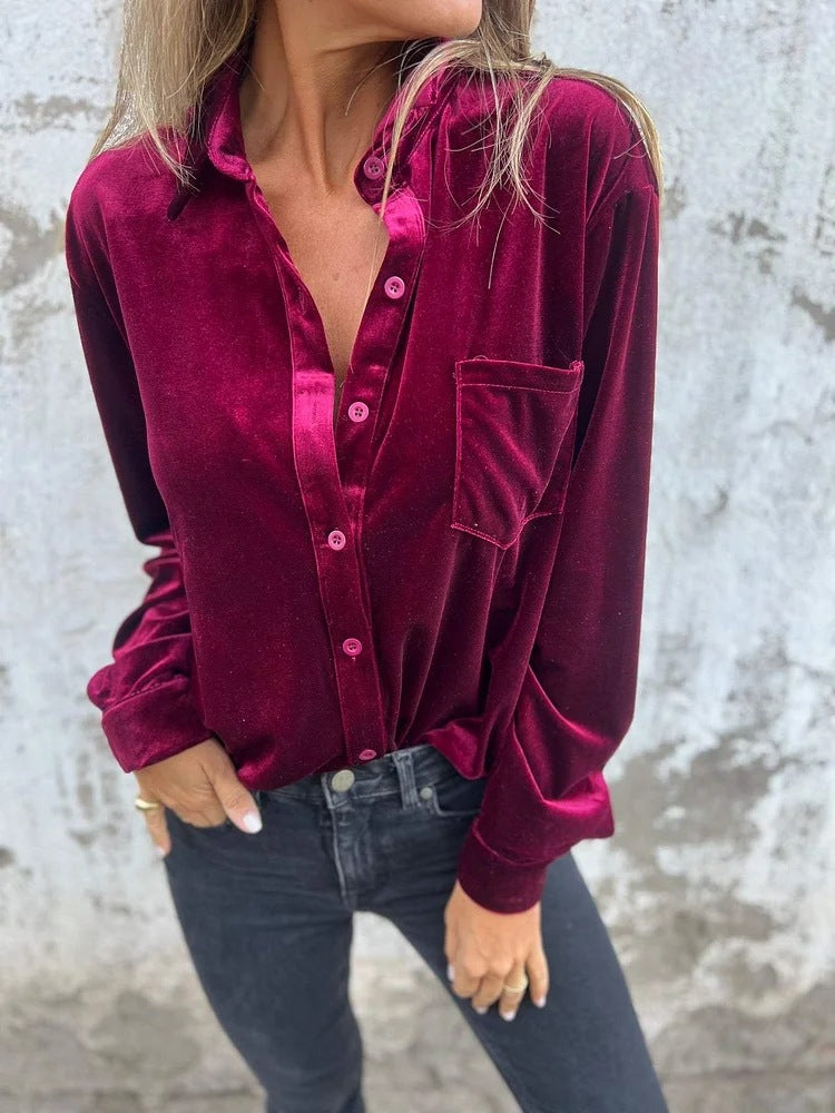 Women's Velvet Button Down Shirt Long Sleeve