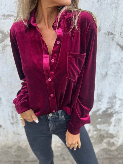 Women's Velvet Button Down Shirt Long Sleeve