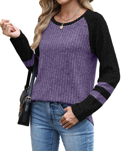 Colorblock Ribbed Knit Sweater Women Casual Pullover Top