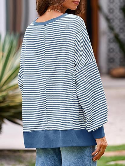 Oversized Waffle Knit Striped Crewneck Side Slit Pullover