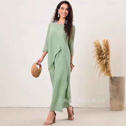 Women's Casual Two Piece Set Long Sleeve Top Wide Leg Pants