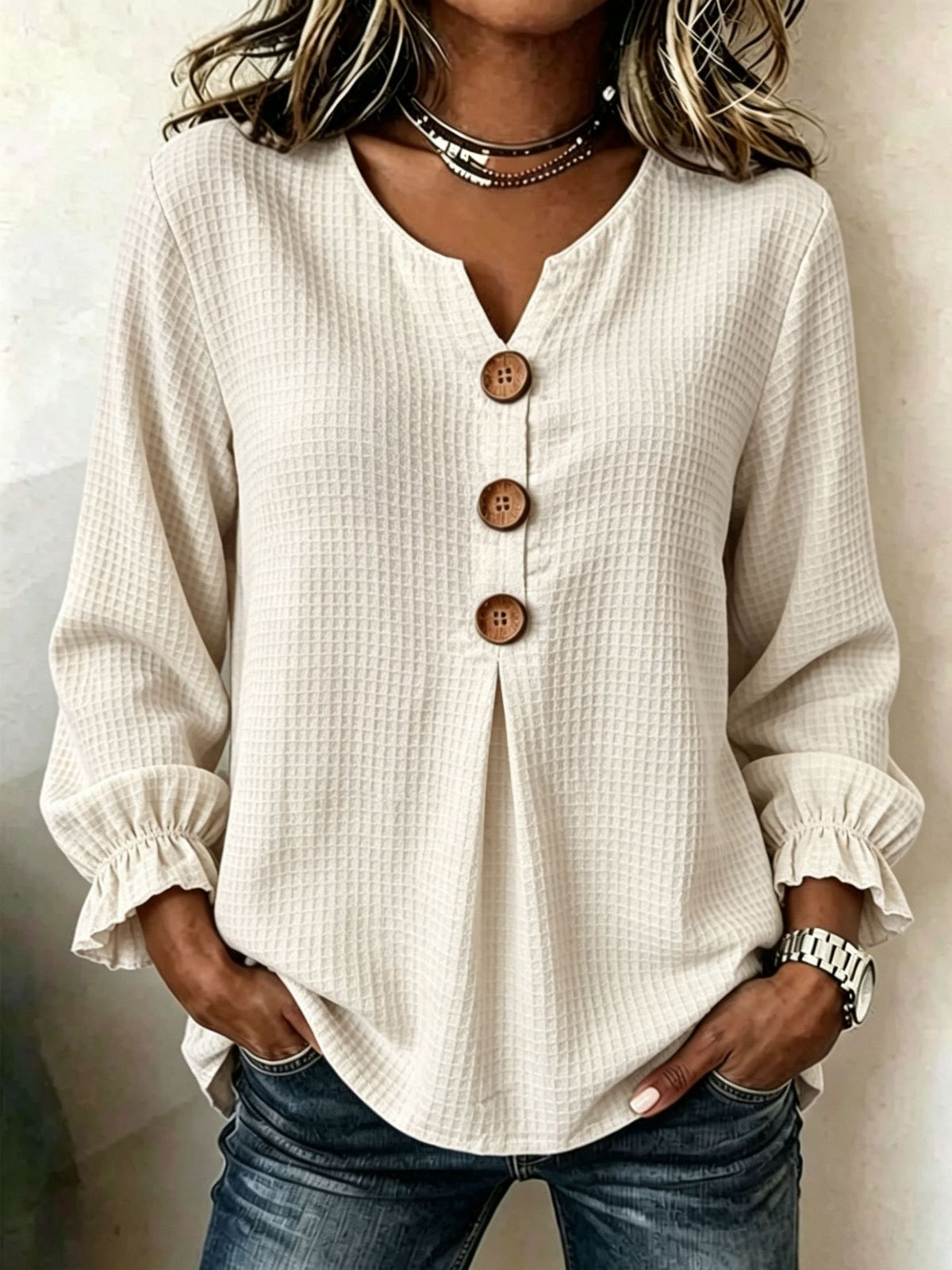 Women's Waffle Knit V Neck Ruffle Sleeve Button Front Top