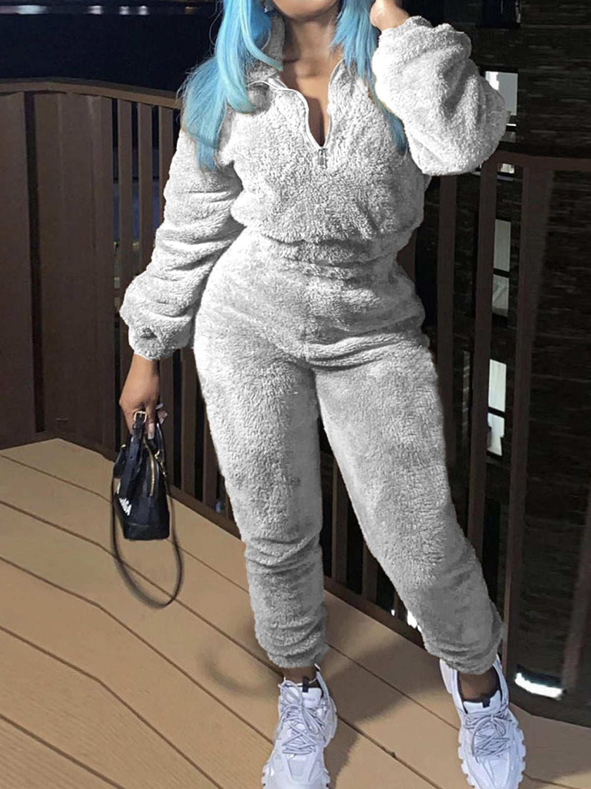 Womens Sherpa Fleece Half Zip 2 Piece Jogger Set