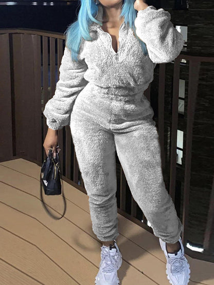 Womens Sherpa Fleece Half Zip 2 Piece Jogger Set