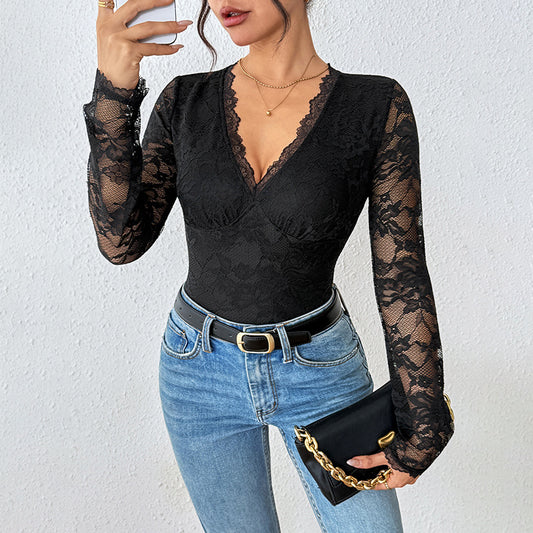 Black Lace V Neck Long Sleeve Slim Fit Bodysuit