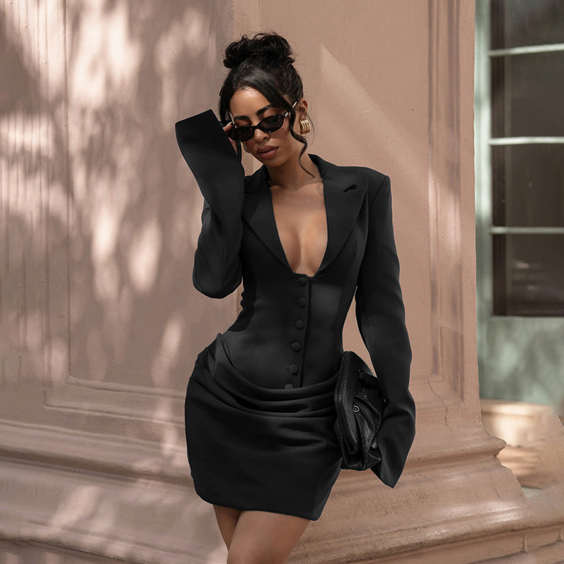 Sexy Deep V Blazer Dress Long Sleeve Bodycon Mini Dress