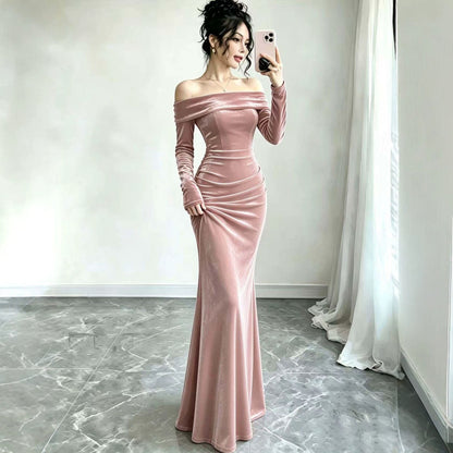 Velvet Off Shoulder Bodycon Maxi Dress Long Sleeve