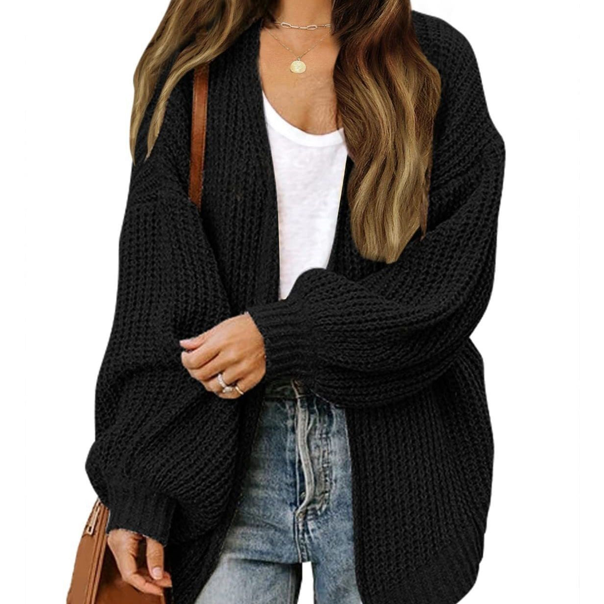 Women's Chunky Knit Balloon Sleeve Open Front Cardigan