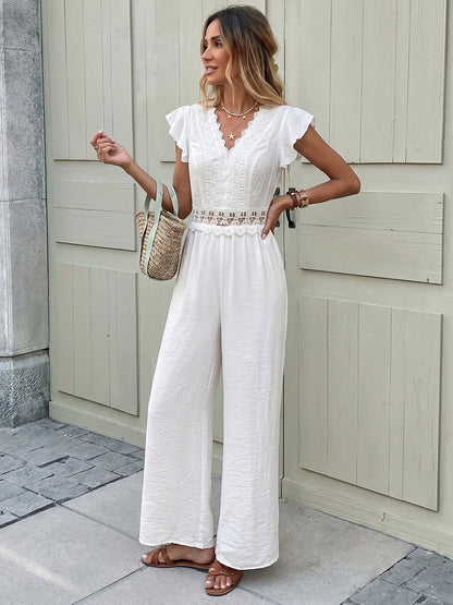 Lace Flutter Sleeve Wide Leg Jumpsuit Resort Outfit