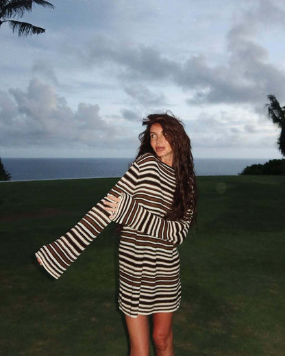 Striped Open Back Long Sleeve Knit Mini Dress