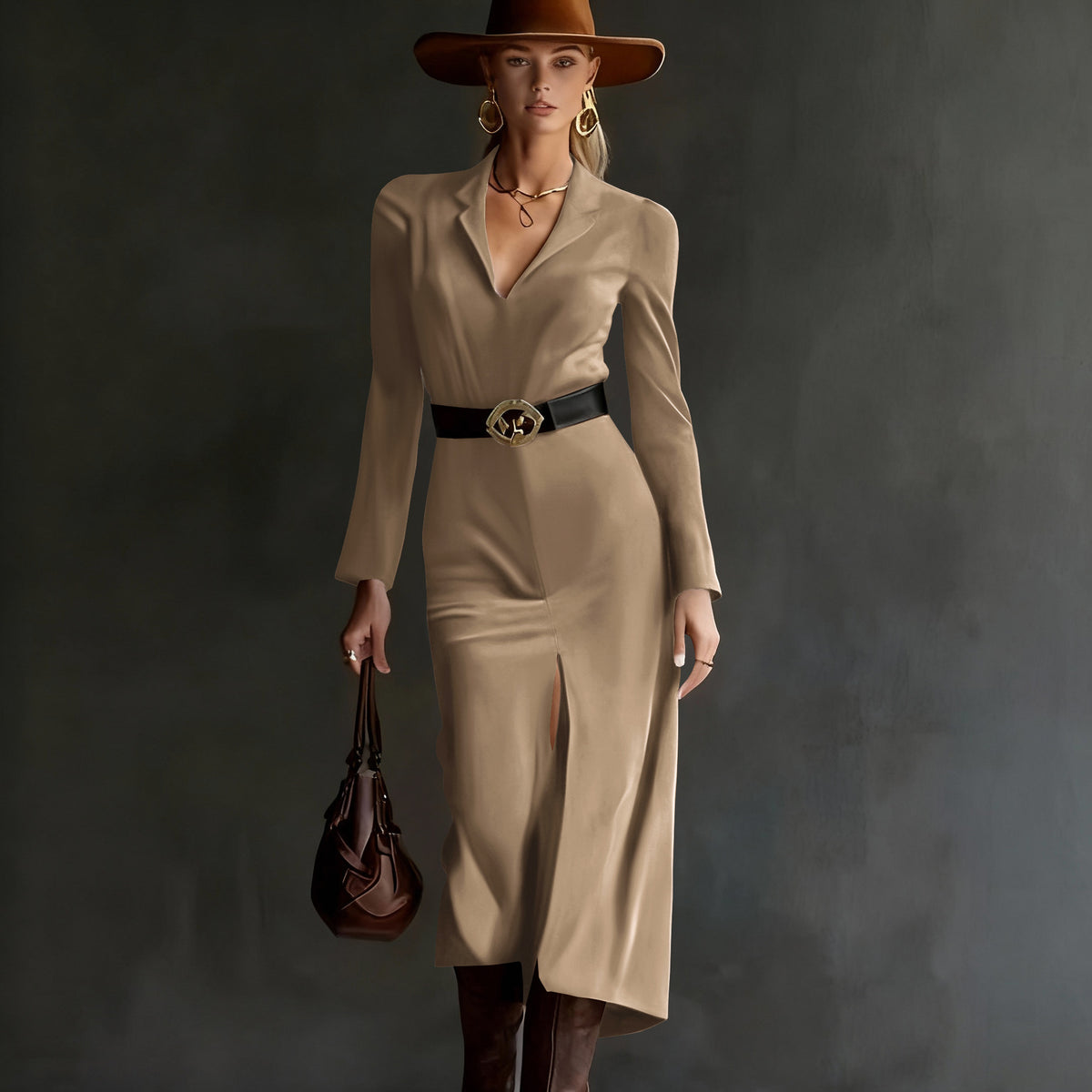 Suede Blazer Midi Dress Belted Long Sleeve Slit