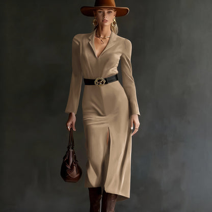 Suede Blazer Midi Dress Belted Long Sleeve Slit