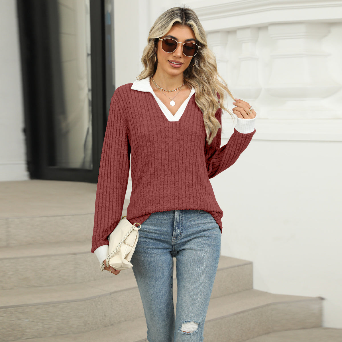 Women's Oversized Contrast Collar V Neck Long Sleeve Top