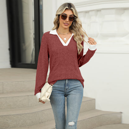 Women's Oversized Contrast Collar V Neck Long Sleeve Top