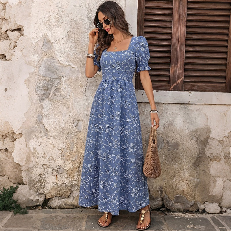 Floral Square Neck Puff Sleeve Maxi Dress Resort Style