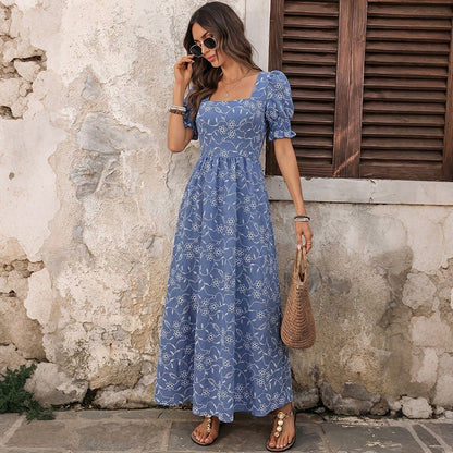 Floral Square Neck Puff Sleeve Maxi Dress Resort Style
