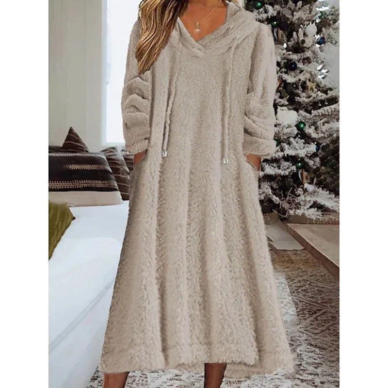 Fleece Hooded Dress with Pocket Relaxed Fit