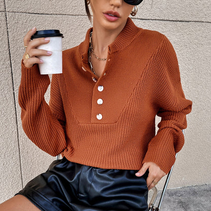 Women's Long Sleeve Polo Collar Button Knit Sweater