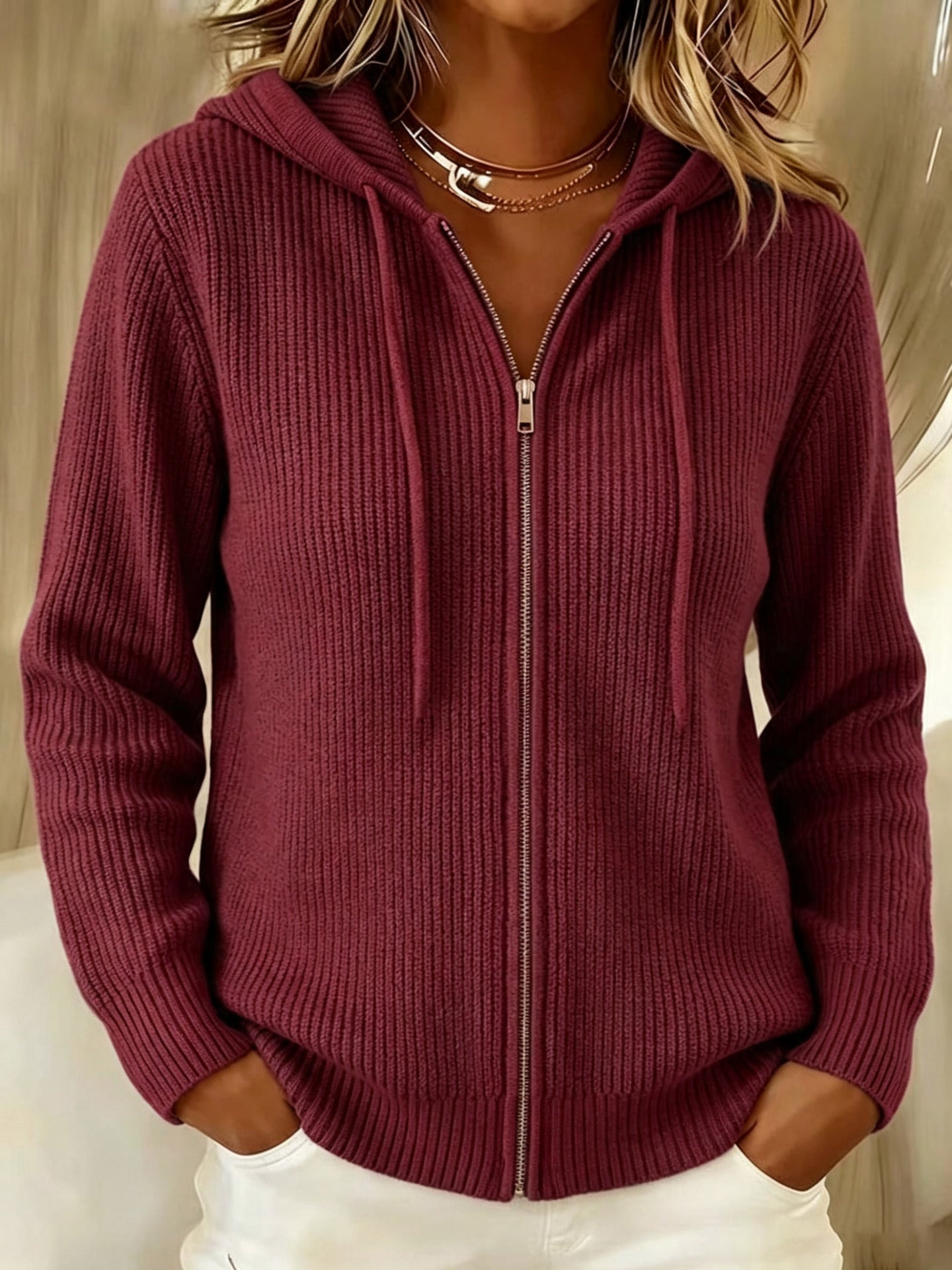 Oversized Hooded Zip-Up Ribbed Knit Cardigan